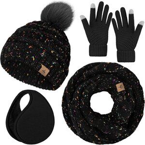 Women’s Blackl Knit Beanie Hat, Gloves, Scarf & Ear Warmer Set - Winter